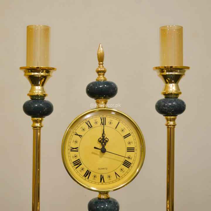 Emerald Gold Candle Stand with Clock Set