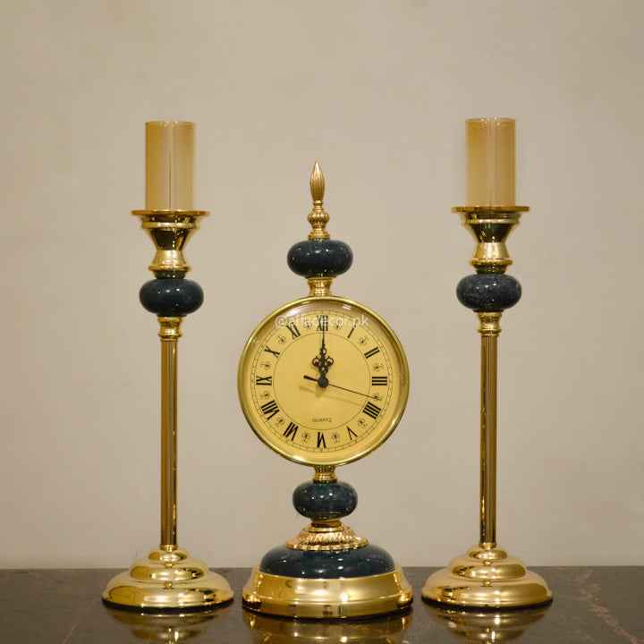 Emerald Gold Candle Stand with Clock Set