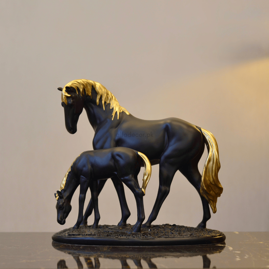 Sleek Black Horse and Foal Sculpture with Gold Accents